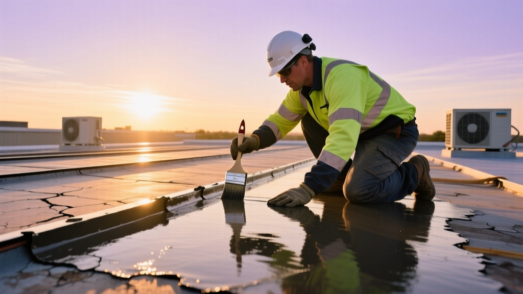 Commercial roofer applying liquid rubber membrane coating over patched EPDM seams on a low-slope commercial building roof at sunrise