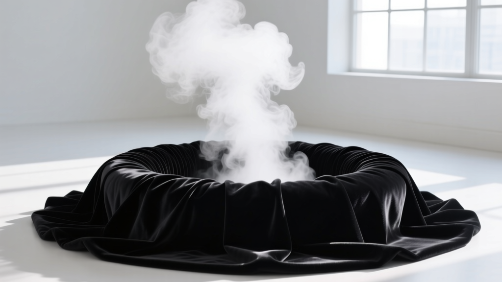 Steamer emitting white steam over a crushed black velvet ring roll, demonstrating fabric pile restoration in a bright room.