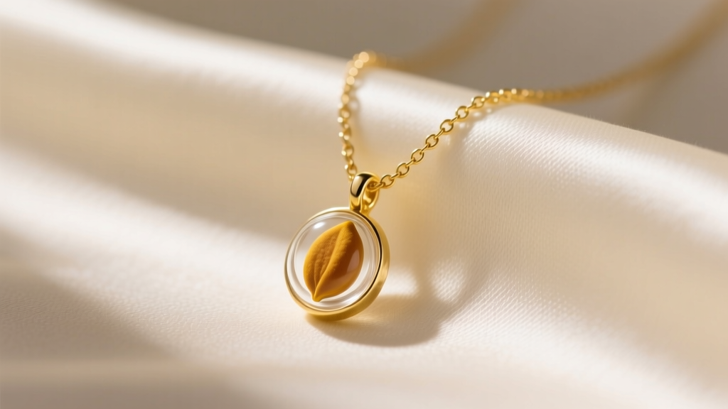 Close-up of a 14k yellow gold mustard seed necklace on cream silk, soft lighting highlighting the seed inside a tiny glass vial.