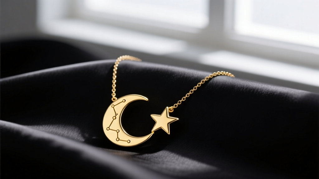 A 14k yellow gold moon and star necklace resting on dark silk, highlighting engraved celestial details and a highly polished finish