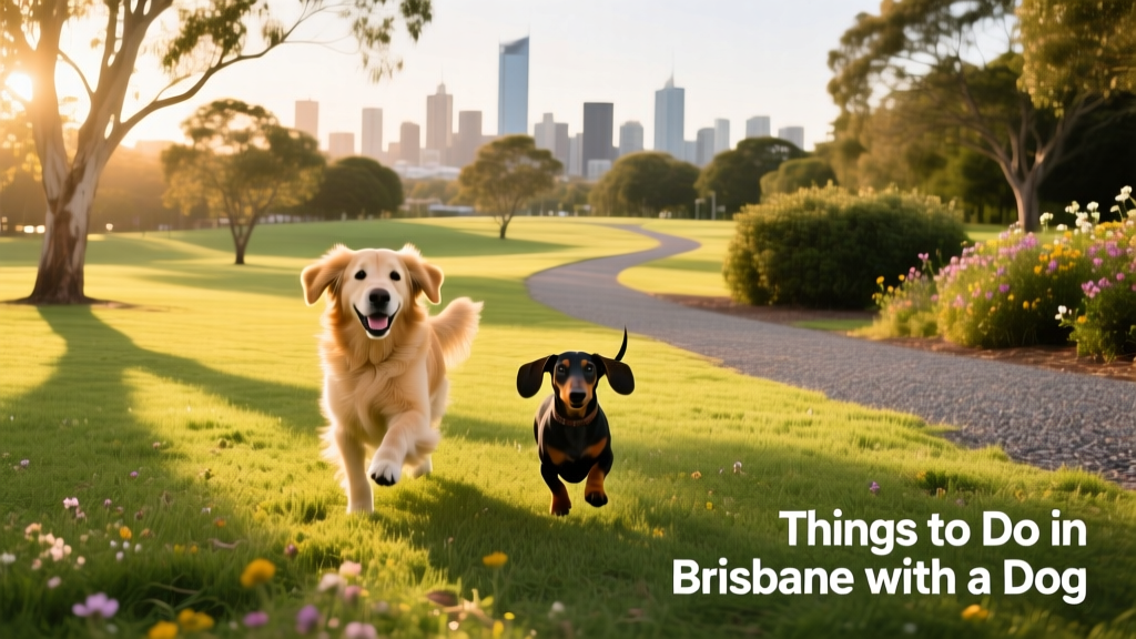 Two dogs playing joyfully in a spacious, sun-dappled park with trees and open grass