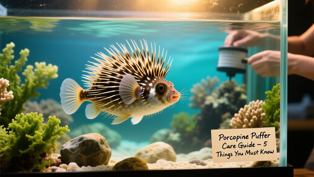 Porcupine puffer fish swimming gracefully in a well-maintained saltwater aquarium