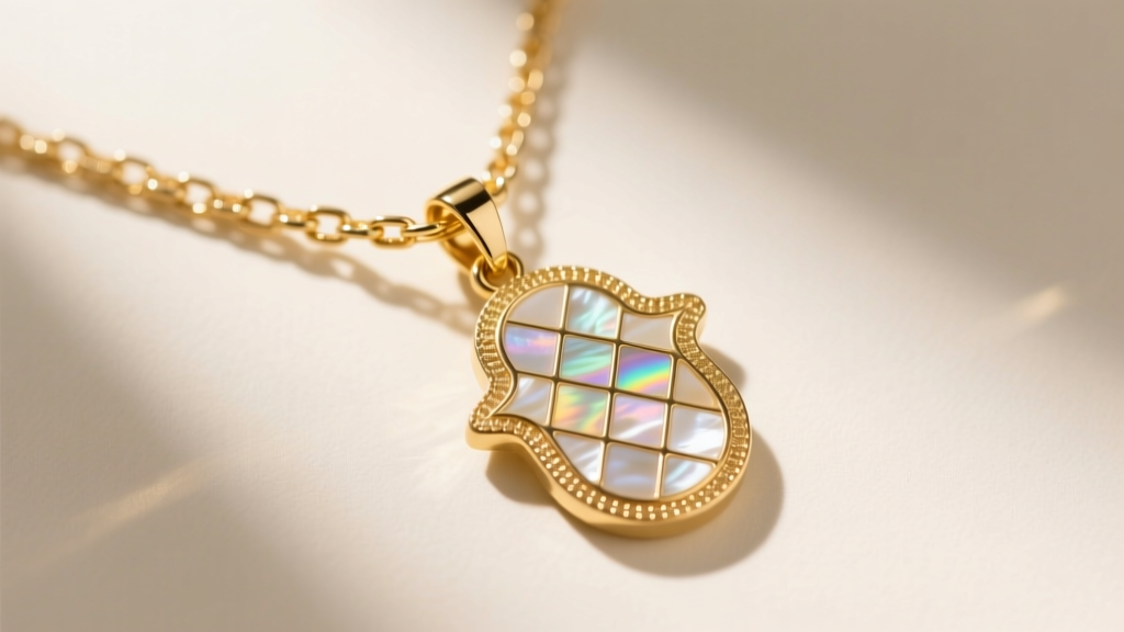 Overhead view of a 1.2mm 18k gold box chain threaded through the soldered bail of a mother-of-pearl inlay hamsa necklace pendant.