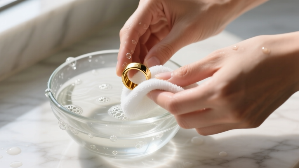 Hands washing a gold PVD stainless steel ring in a glass bowl of lukewarm soapy water using a soft microfiber cloth in daylight