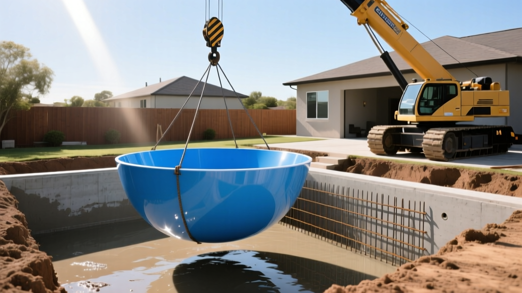 Crane lowering a one-piece blue fiberglass pool shell into a backyard excavation beside a gunite pool with exposed steel rebar grid.