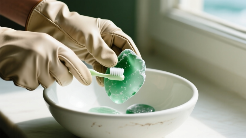 Hands in gloves gently scrubbing frosted green sea glass with a soft baby toothbrush and mild soapy water inside a ceramic bowl