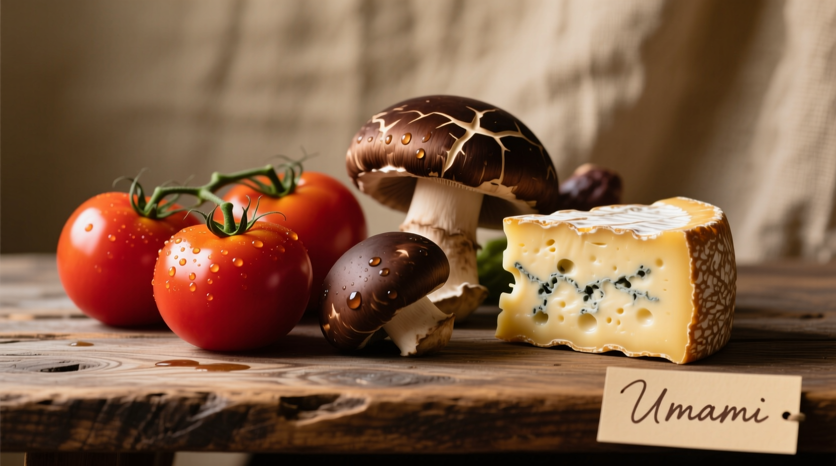 Assortment of umami-rich foods including tomatoes, mushrooms and aged cheese