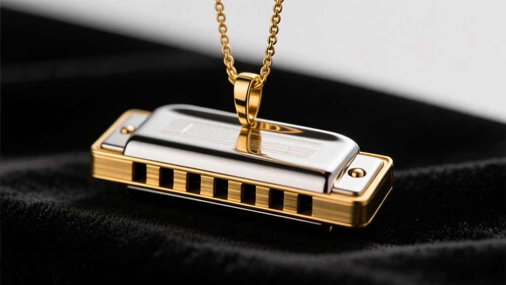 Macro photo of a miniature harmonica pendant on dark velvet, highlighting brass reed plates and a polished stainless steel cover plate.
