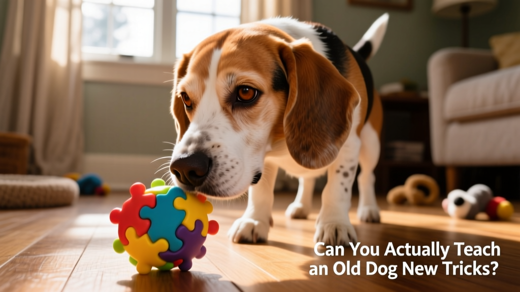 Close-up of an older beagle gently nudging a colorful puzzle toy with their nose, focused and curious