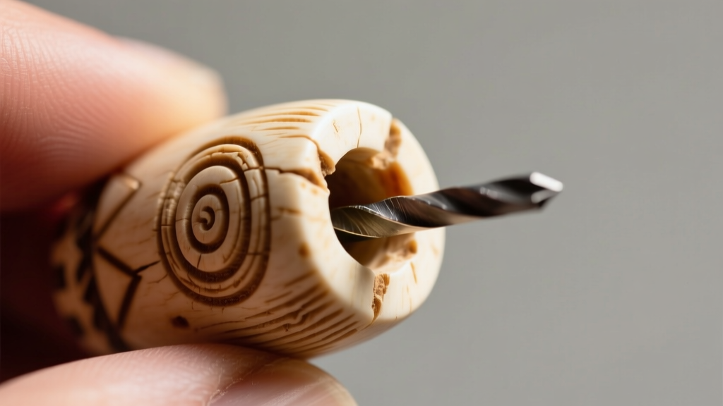 Macro photography showing the striated tool marks inside a hand-drilled hole of an antique Native American carved bone bead.