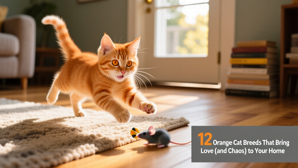 A playful orange domestic shorthair kitten chasing a toy mouse on a sunlit rug