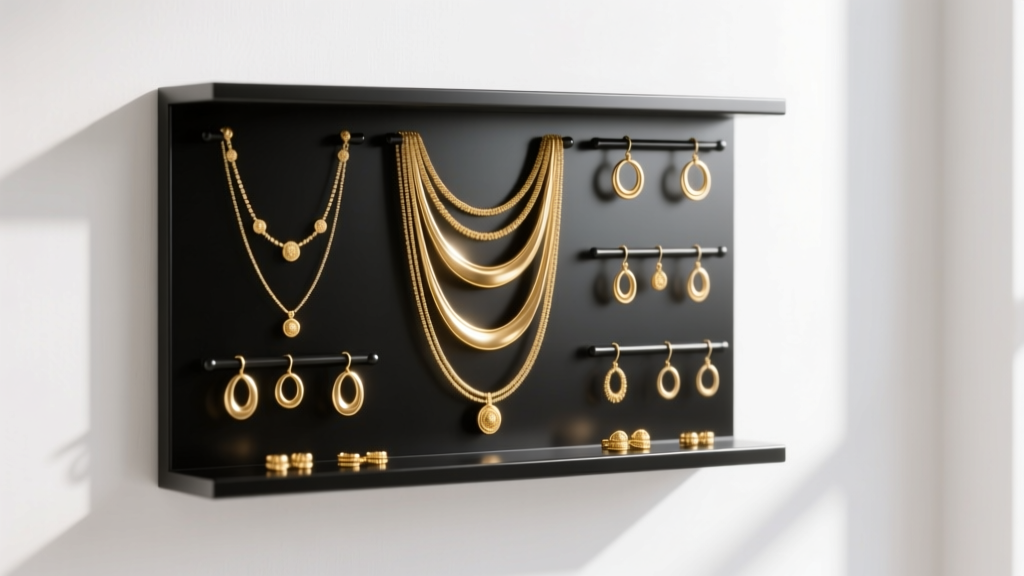 Black metal wall mount jewelry organizer on white wall, holding layered gold necklaces and small hoop earrings in soft light.