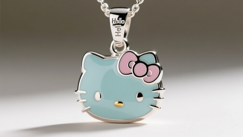 Close-up of a sterling silver Hello Kitty pendant showing smooth hard enamel and a laser-engraved stamp on the polished silver bail.