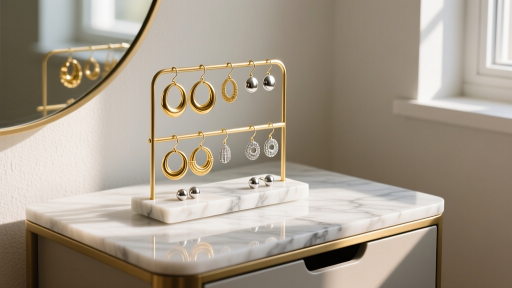 Modern vanity featuring a custom brass wire and marble do it yourself earring holder displaying various gold hoops and silver studs.