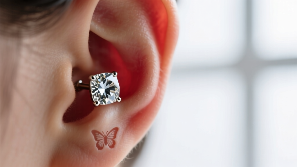 Macro shot of a heavy cubic zirconia stud pulling down an earlobe, showing a butterfly back causing skin indentation and redness