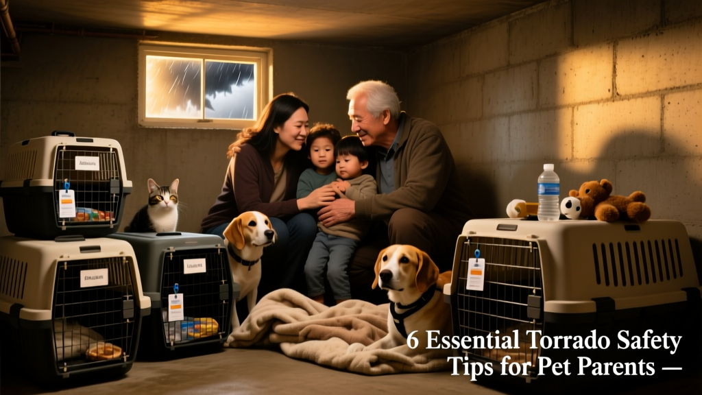 Family sheltering in a basement with pets in crates and carriers