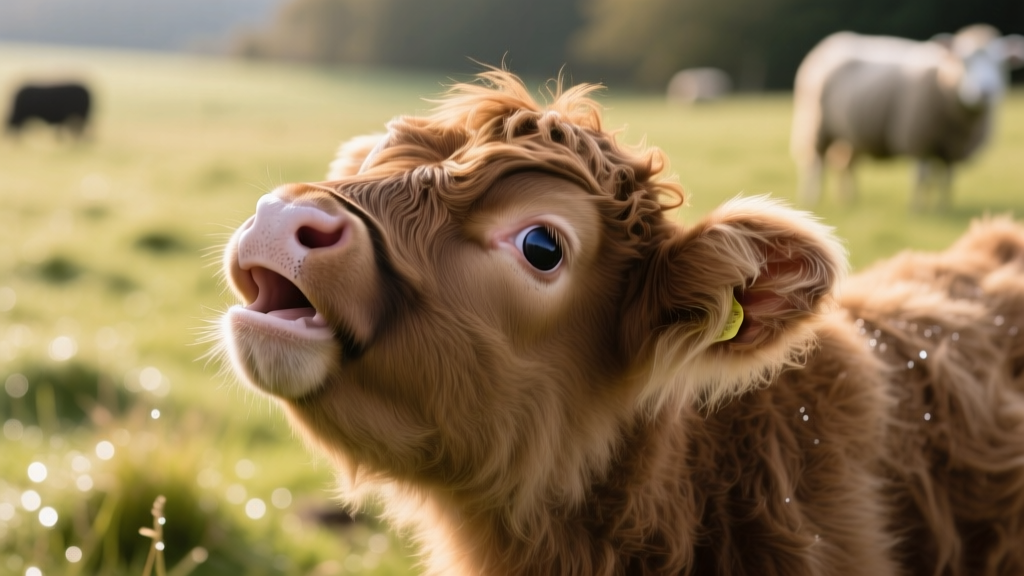 Close-up of a week-old Highland calf tilting her head upward as if trying to moo, with soft fur and curious eyes