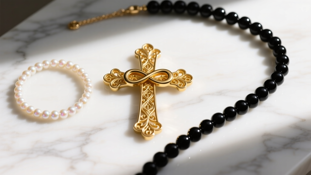 Flat-lay on marble showing a layered 14k gold infinity cross, a delicate pearl choker, and a long matte black onyx bead chain.