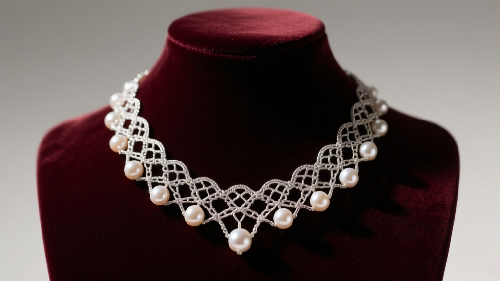 Silver wire crochet necklace with pearls draped over a dark velvet bust, illuminated by soft warm directional studio lighting