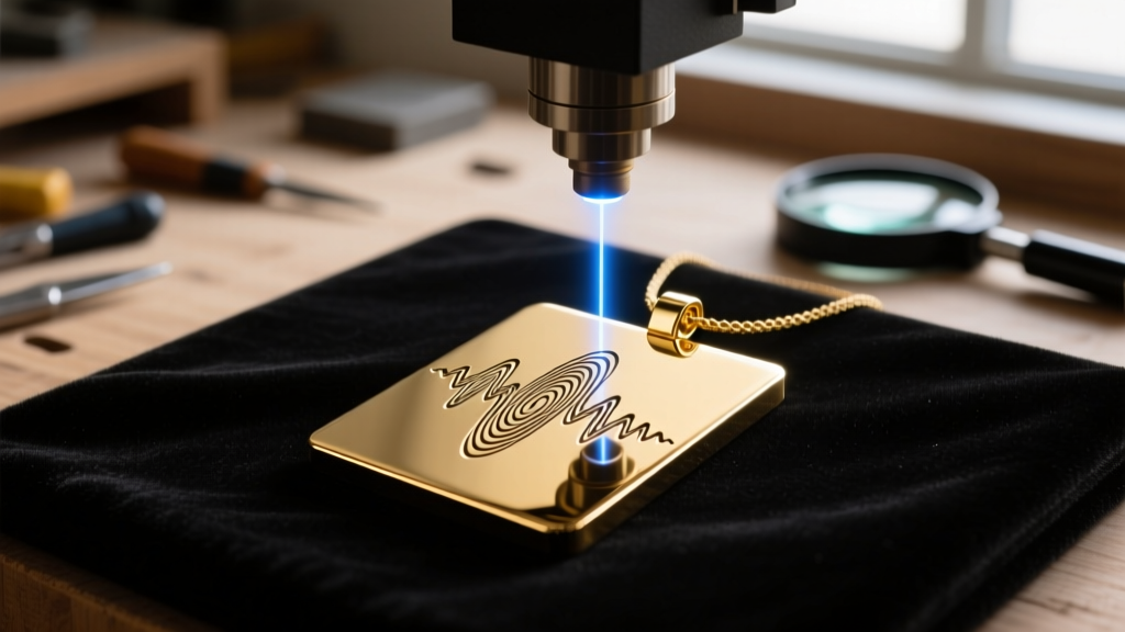 Fiber laser engraving a detailed soundwave pattern onto a polished 14k gold rectangular pendant in a dimly lit jewelry workshop