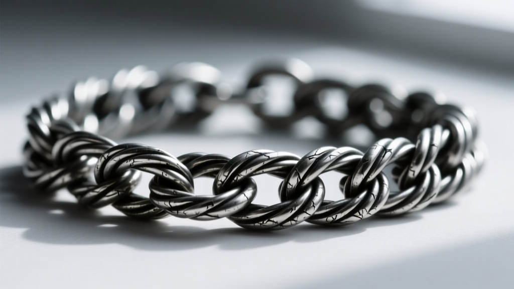 Macro shot of 16-gauge silver Viking knit chain showing intricate wire weaving and dark patina trapped inside the metal crevices.