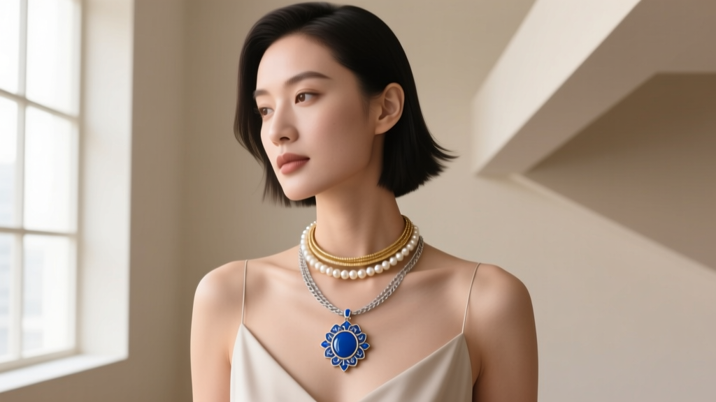 Woman wearing a layered stack with an 18-inch blue miraculous medal necklace, a gold pearl choker, and a thin silver chain
