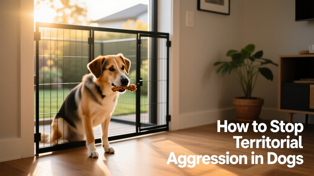 Dog calmly chewing a treat inside a gated area near a window