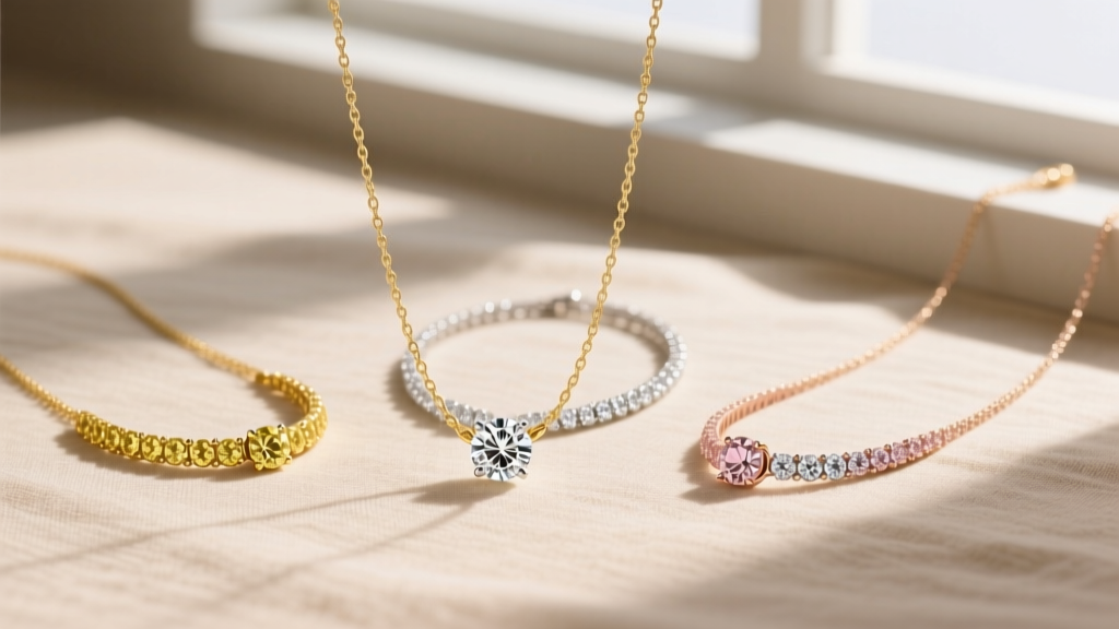 Flat lay of gold chains holding three diamond necklaces in yellow, white, and rose gold resting on a neutral beige linen background