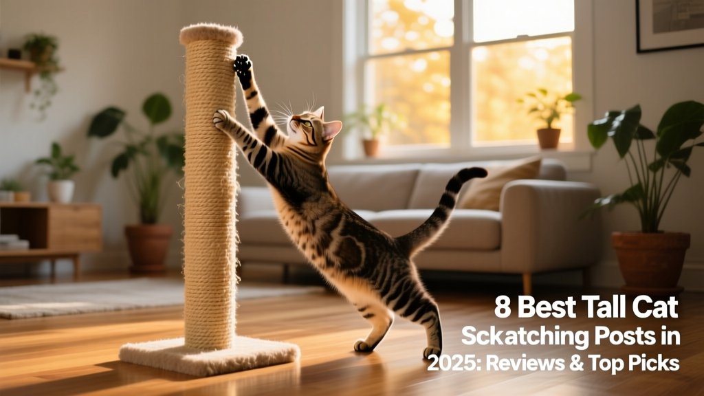 A cat stretching and scratching a tall, freestanding sisal-wrapped post in a sunlit living room
