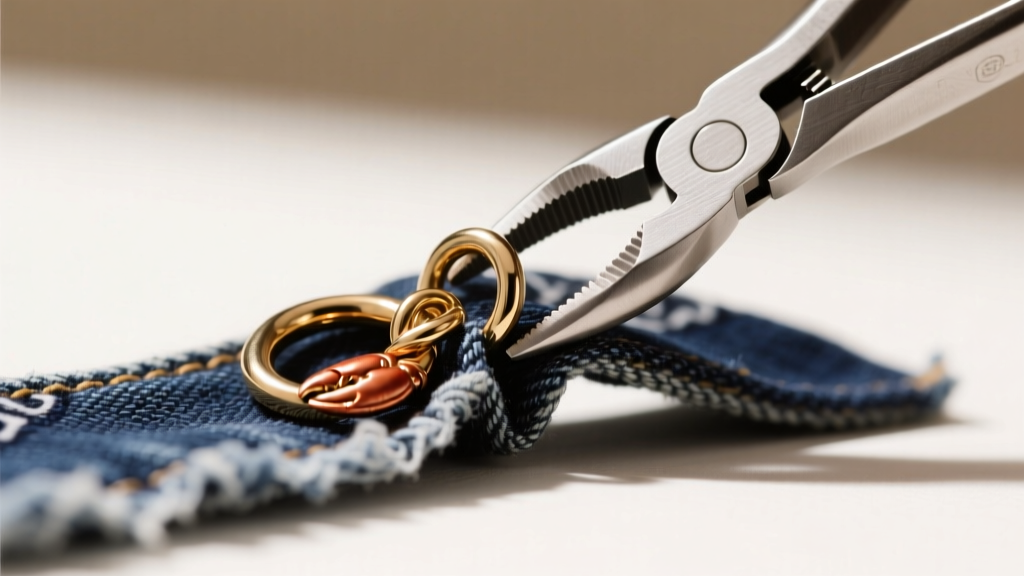 Close-up of an 18-gauge steel jump ring and lobster clasp attached to a folded denim bandana strip using jewelry pliers.