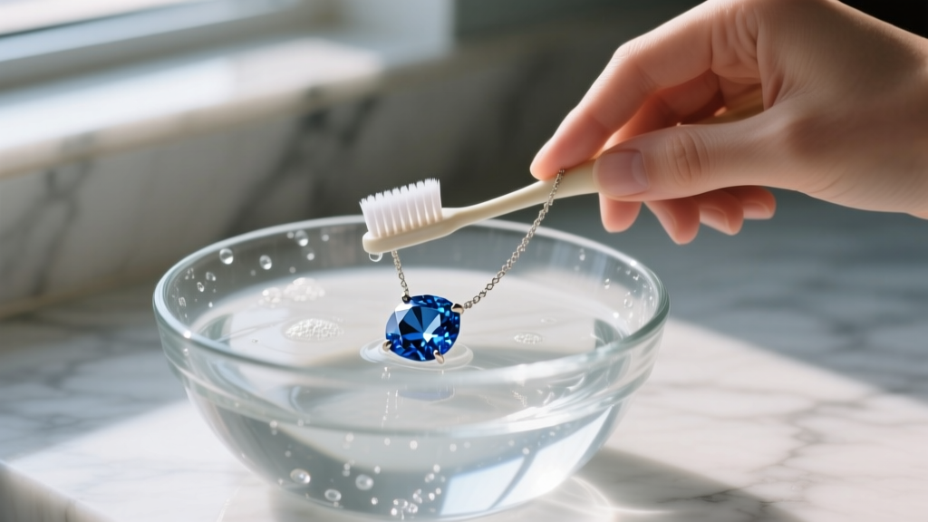 Hands gently brushing a sapphire necklace birthstone with a soft toothbrush in a glass bowl of lukewarm soapy distilled water