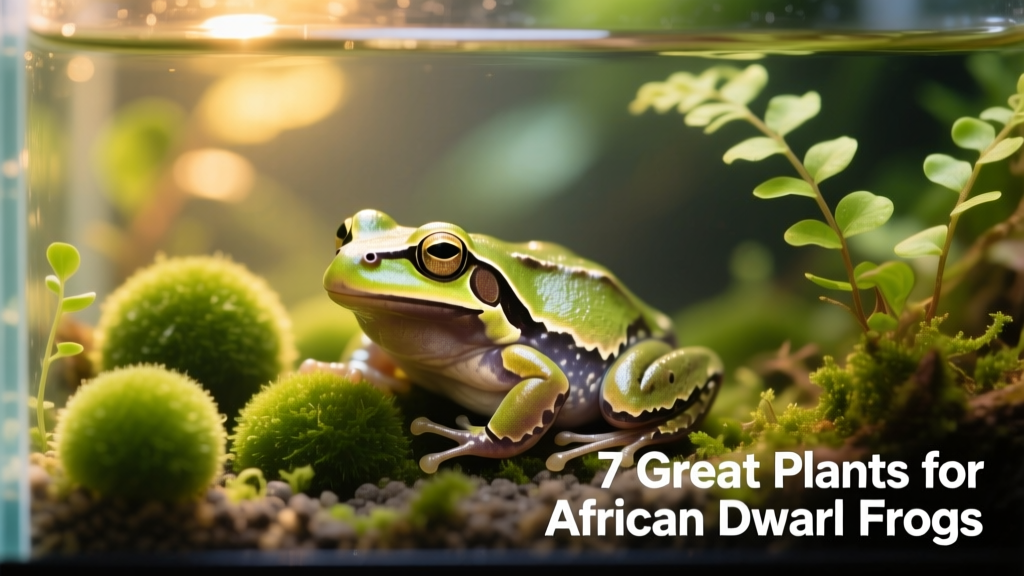 Close-up of an African dwarf frog nestled among Marimo moss balls and Java Fern fronds in a serene, well-maintained tank
