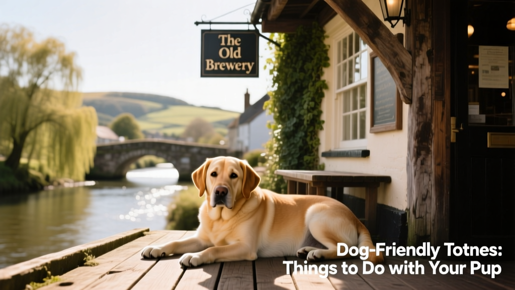 A friendly Labrador relaxing on a wooden terrace outside a traditional pub in Totnes, with the River Dart visible in the background