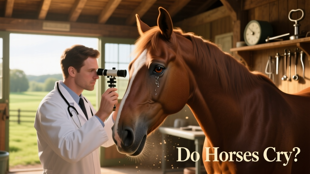 Veterinarian gently examining a horse's eye with an ophthalmoscope
