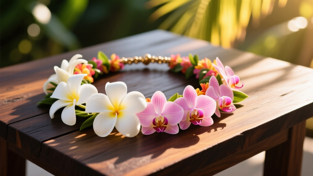 Vibrant fresh white plumeria and pink orchid luau flower necklace resting on a rustic dark wood table in warm tropical sunlight