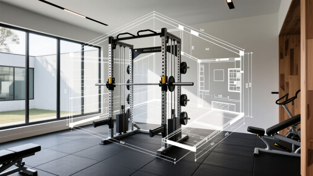 Architectural blueprint overlaying a finished home gym with heavy rubber flooring and a power rack to illustrate spatial planning