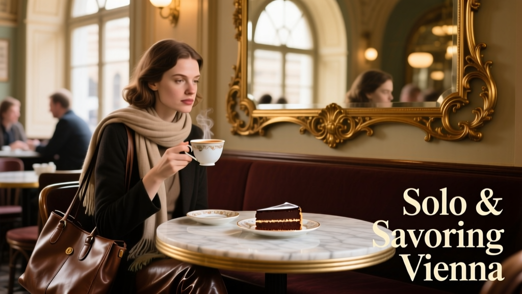 A solo female traveler seated at a classic Viennese coffee house, enjoying a Melange and a slice of Sachertorte beside a marble table and antique mirror.