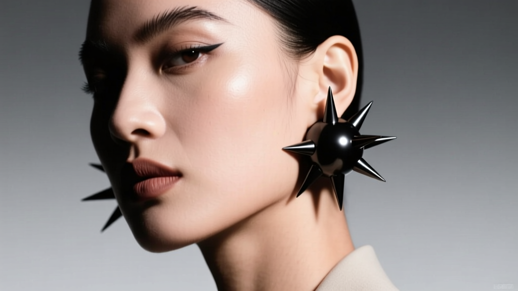 Model wearing 12mm matte black titanium spike ball stud earrings, dramatic studio lighting highlighting sharp points