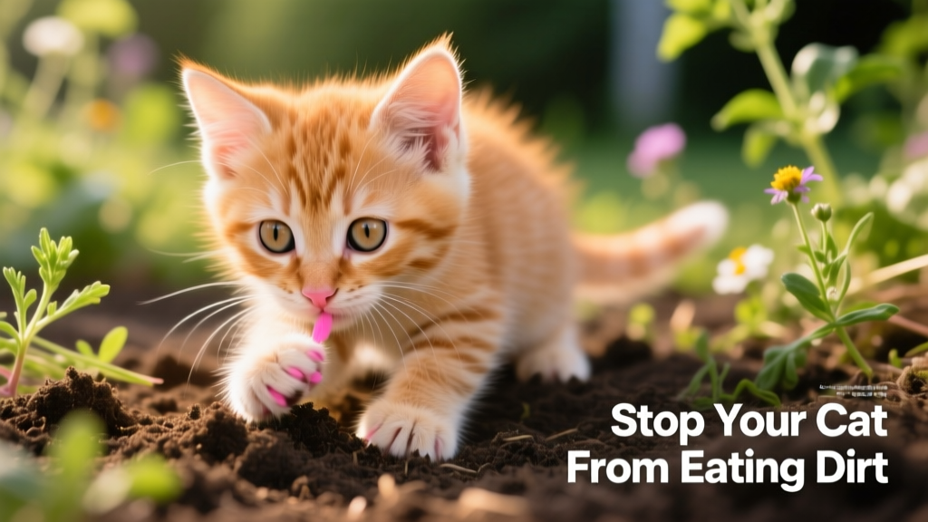 Close-up of a curious kitten sniffing and pawing at loose garden soil