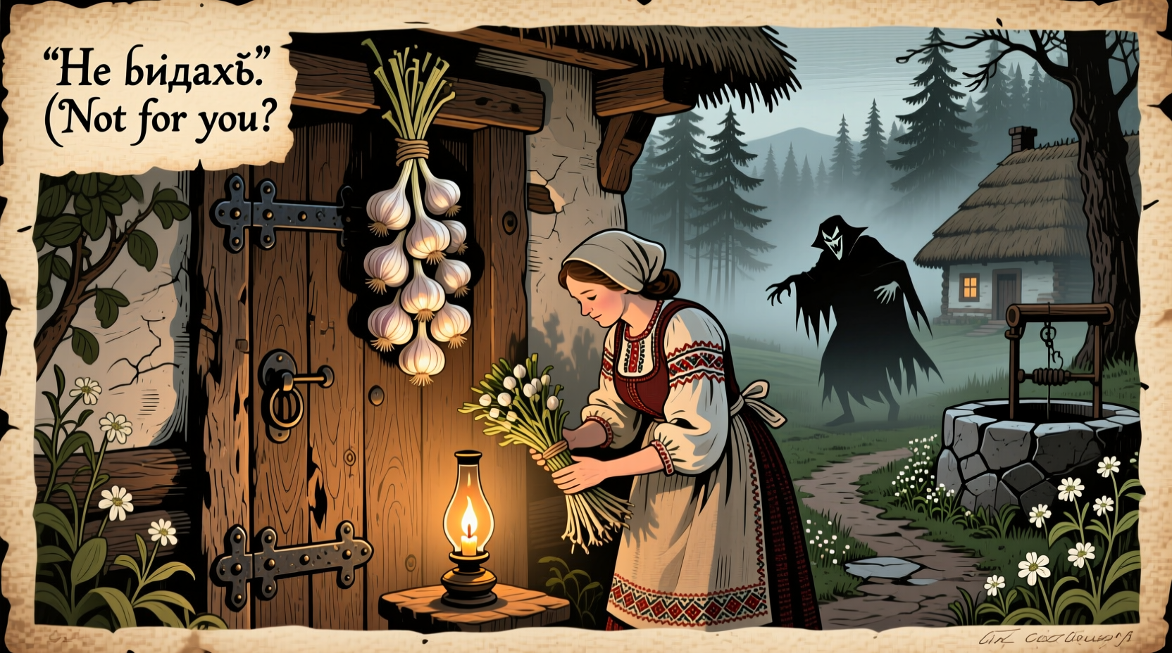 Historical illustration of garlic used as vampire protection in Eastern European folklore