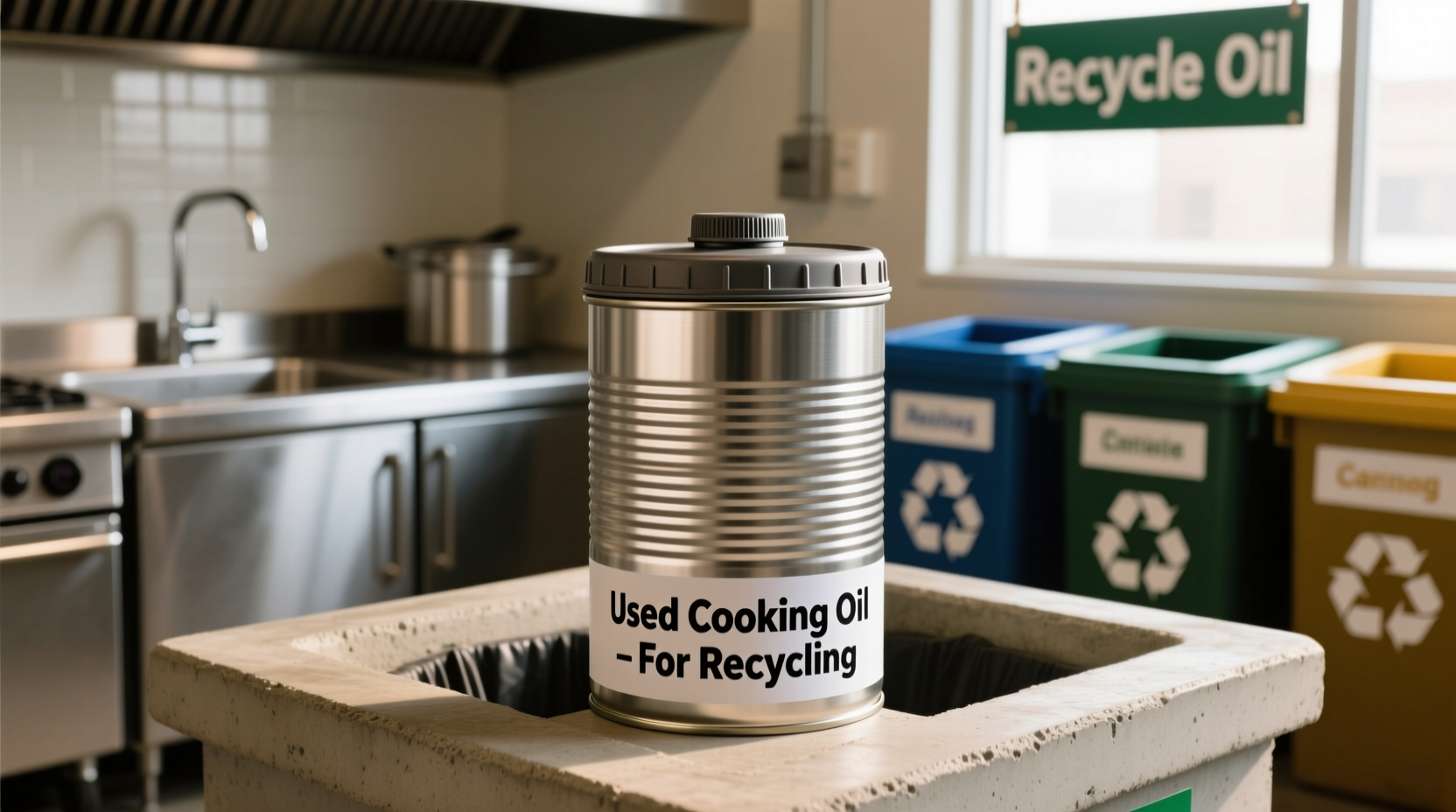 Properly sealed container of used cooking oil for recycling