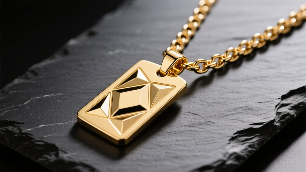 A 14k gold custom ID necklace on dark slate, showing a thick plate with deep diamond-drag engraving and a sturdy curb chain.