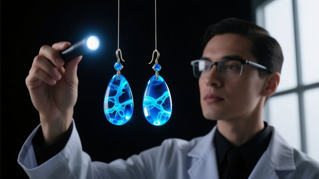 Gemologist holding a UV flashlight over Dominican blue amber drop earrings, revealing bright neon blue fluorescence in a dark room