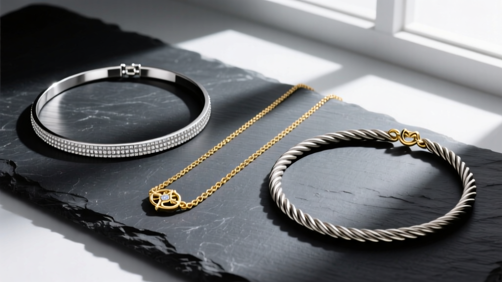 16-inch platinum choker, 18-inch gold princess chain, and 36-inch titanium opera rope necklace arranged on a dark slate surface