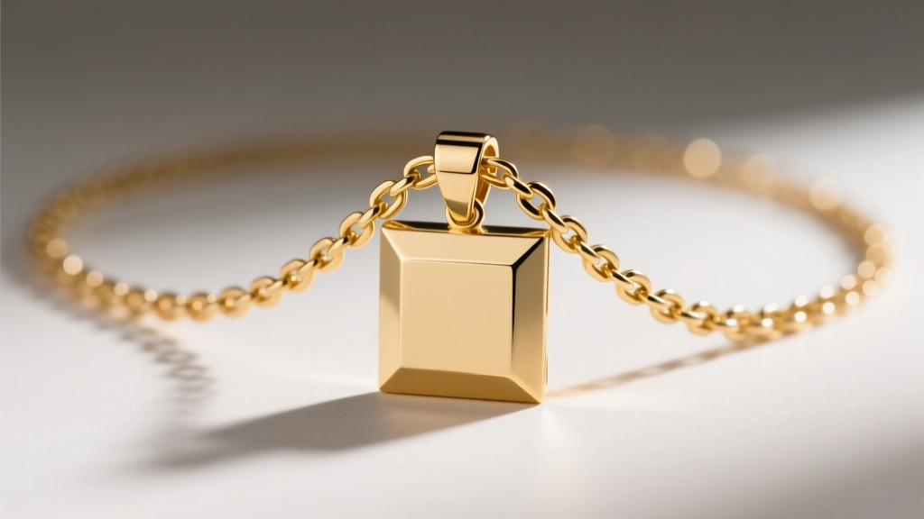 Solid 14k gold box chain threaded through the bail of a square pendant, showcasing a seamless fit and structural durability