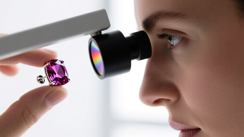 Gemologist using a dichroscope on a rubellite stud earring to check pleochroism against a white background in a gem lab.