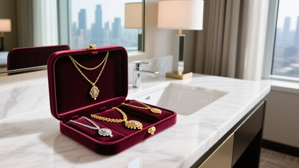 Top-down view of an open velvet jewelry roll displaying secured gold and silver necklaces on a clean marble hotel vanity.