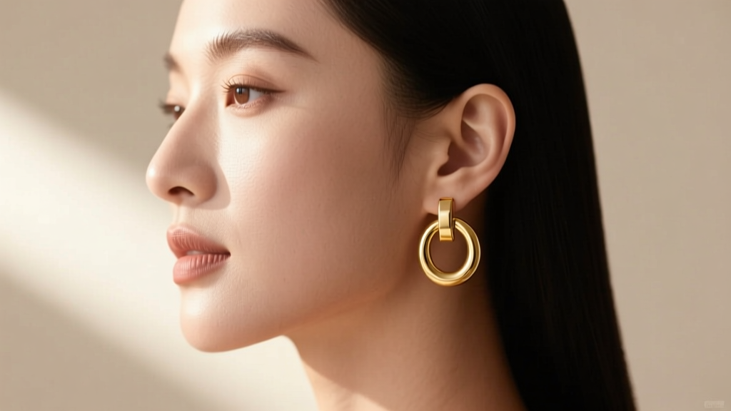 Side profile of a woman with an oval face wearing modern 18k solid gold Givenchy hoop earrings against a soft neutral backdrop.