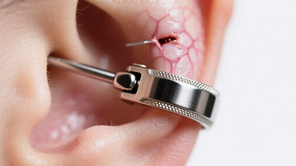 Macro shot of a 16-gauge titanium hinged clicker ring being inserted into a healed upper helix cartilage piercing.