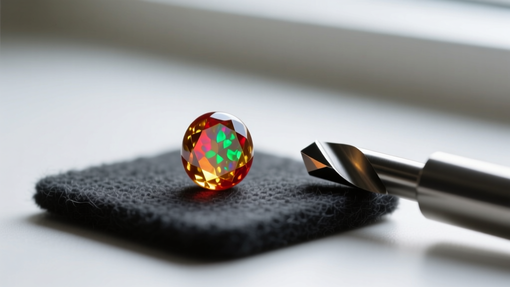 Macro photography of a 10mm fire opal bead showing internal play-of-color, resting on felt next to a diamond core drill bit.